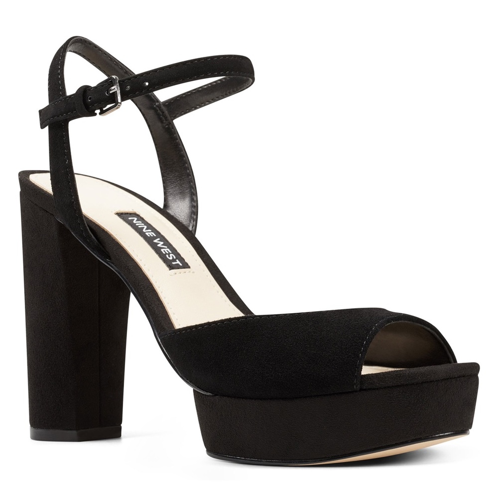 NINE WEST Gail Black Suede Leather Platform Block Heel Pump Ankle Strap Sandal 9 - Picture 2 of 11